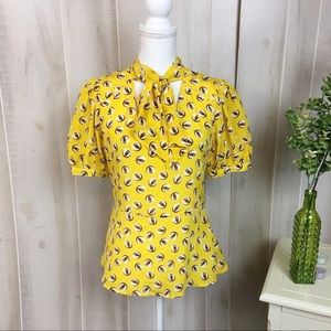 NWOT- Anthropologie Lemon Liftoff silk owl blouse